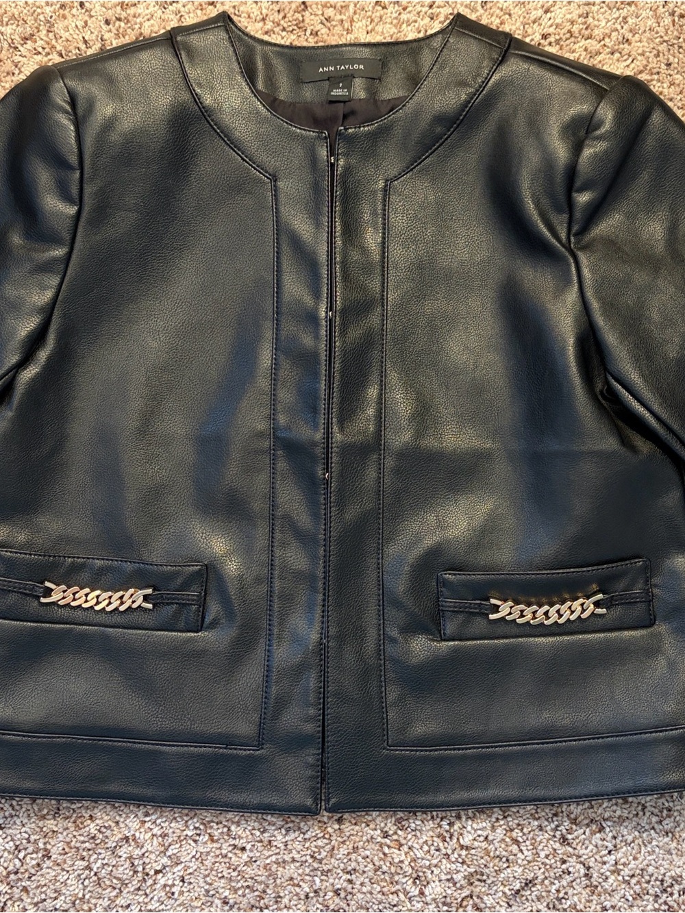 Ann Taylor Black Faux Leather Jacket with Chain-Pocket Detail